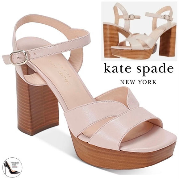 Kate Spade Delight Platform Heel Sandal Nude Leather Heeled Ankle Strap Pump 9 - Picture 1 of 8